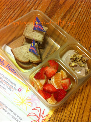 Leftover Meatloaf sandwich, Fruit Mix, Chocolate Yogurt with Granola Topping