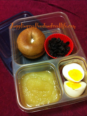 Mini Bagel with Cream Cheese, Raisins, Apple Sauce (no sugar added) and Hard Boiled Egg